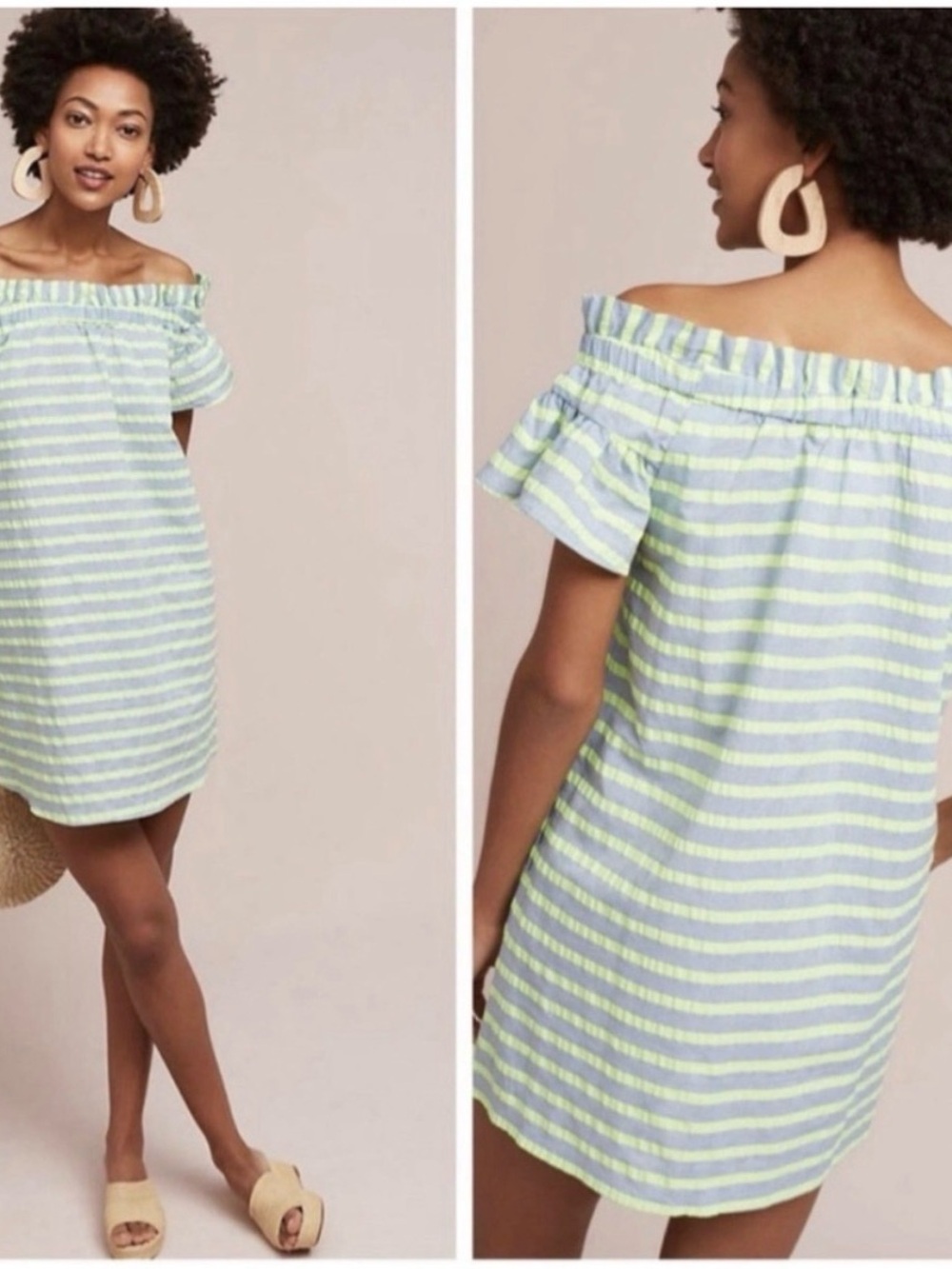 Corey Lynn Calter Off-Shoulder Striped Mini Dress in Light Blue and Lime